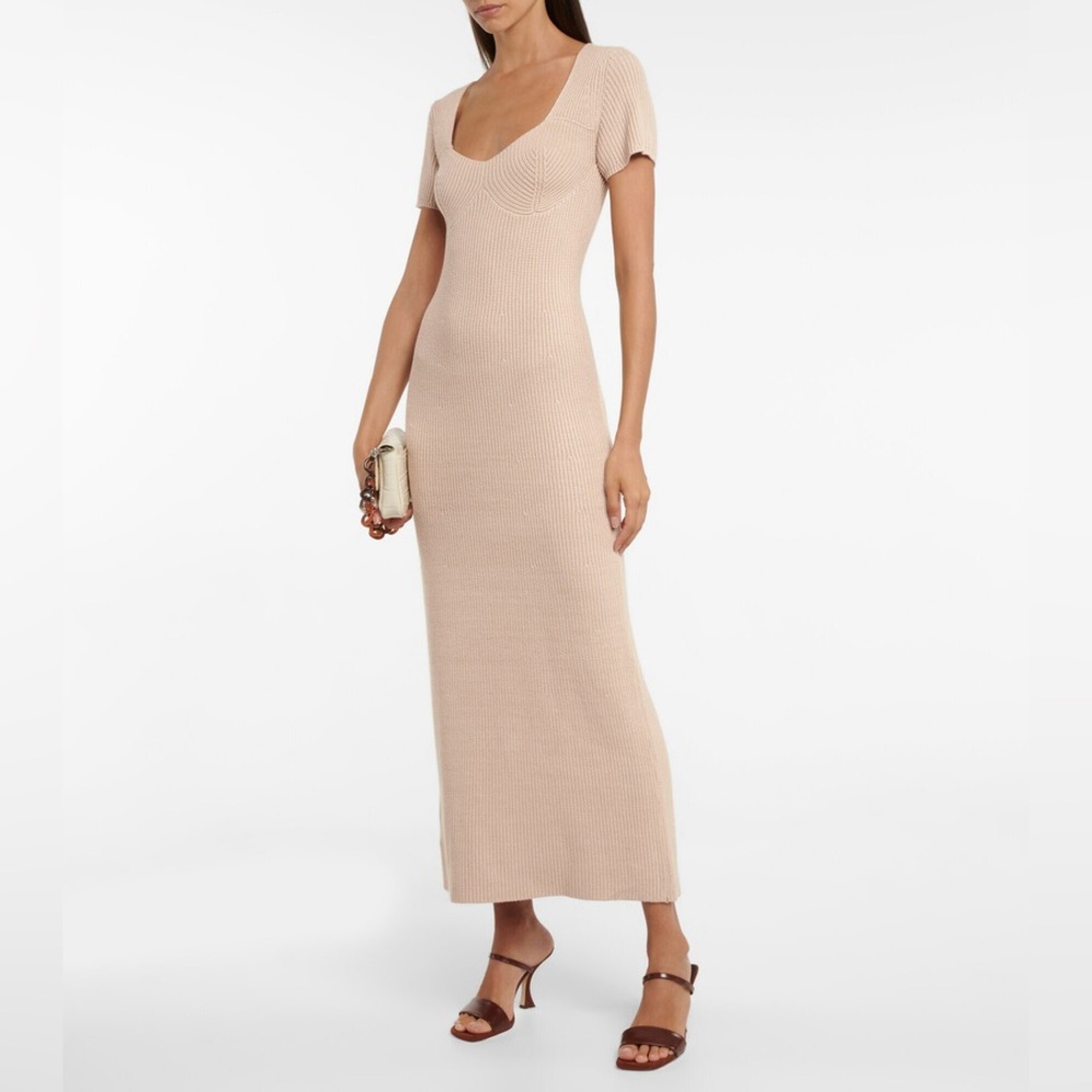 Staud Carmen Ribbed-Knit Midi Dress in Cream Beige